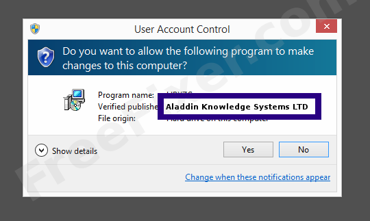 Screenshot where Aladdin Knowledge Systems LTD  appears as the verified publisher in the UAC dialog